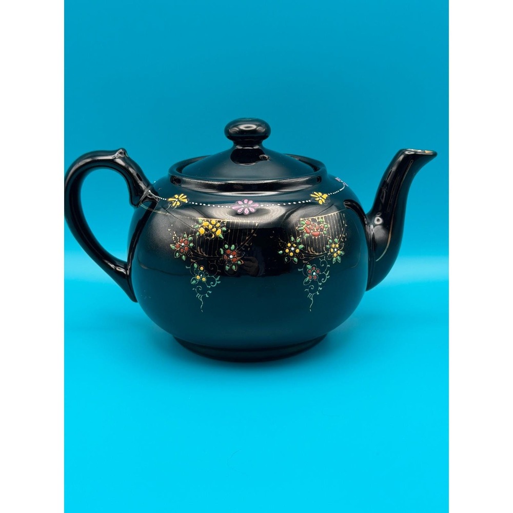 Vintage 1940s Japanese Moriage Redware Teapot Black Floral Hand Painted Ceramic